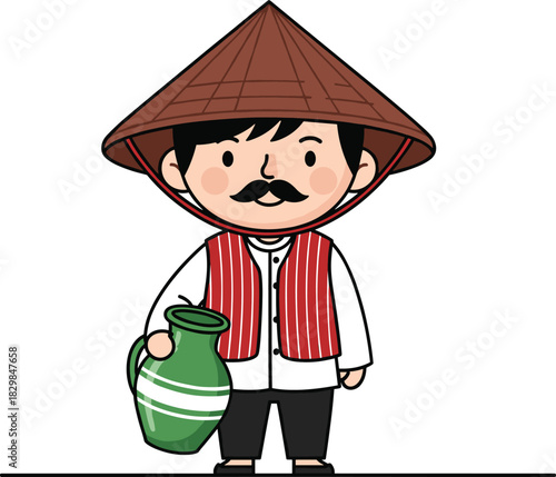 Cartoon cultural character, traditional attire, conical hat, red striped vest, white shirt, black pants, green jug, mustache, Southeast Asian theme, expressive 