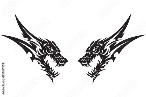 Tribal dragon heads facing each other fierce graphic design