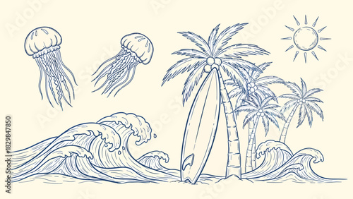 A hand-drawn sketch illustration featuring ocean waves, palm trees, a surfboard, jellyfish, and the sun, depicting a summer beach scene.