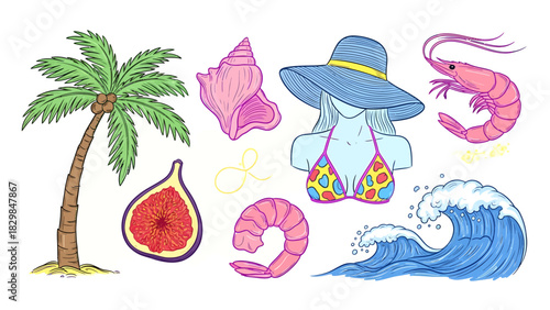 Colorful illustration of summer elements including palm tree, fig, seashell, woman, shrimp, and ocean wave.