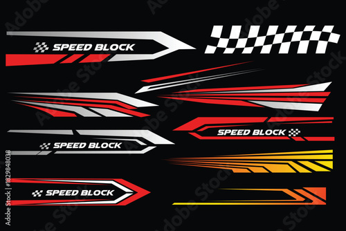 Dynamic car racing stripes, speed block graphic decal vector set