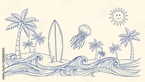 A whimsical hand-drawn illustration of a tropical beach scene with palm trees, a surfboard, waves, and a jellyfish under a smiling sun.