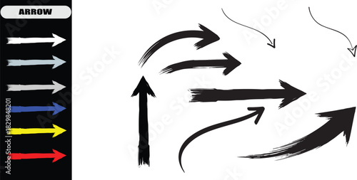 Vector illustration of collection of hand drawn black paint brush stroke arrows pointing in various directions