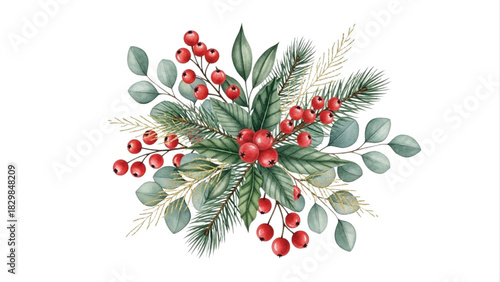 Watercolor Red Berries and Green Leaves Christmas Botanical Arrangement Clipart