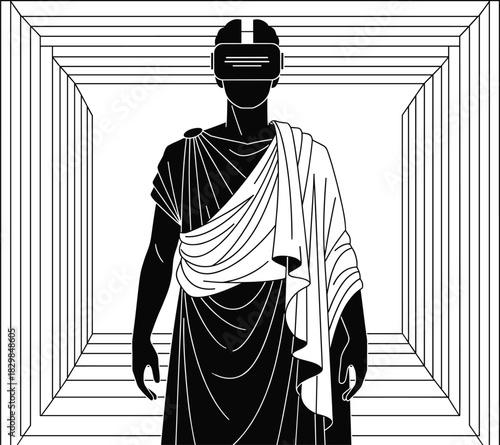 Classical figure illustration, geometric tunnel, black and white art, toga attire, Roman style, visual depth, e, 