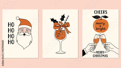 Three minimalist Christmas-themed greeting cards featuring Santa Claus, a festive cocktail, and a New Year's toast.