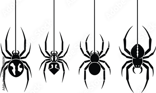 Vector Illustration Set of Four Hanging Spider Silhouettes, Including Black Widow and Various Arachnids Hanging from Webs, Perfect for Halloween, Insect Graphics, Pest Control, and Scary Themed 