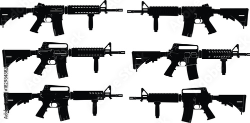 Vector Illustration Set of Six Assault Rifle Silhouettes, Showing Different Automatic Weapon Variations and Configurations, Representing Military, Tactical, Law 