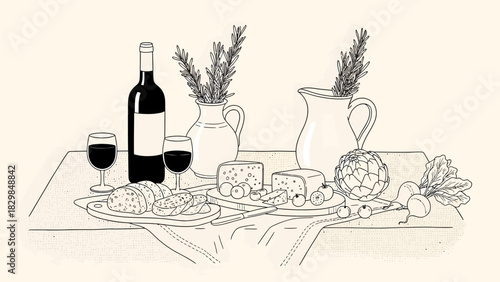 A detailed line drawing of a rustic dinner table setting with wine, food, cheese, and fresh vegetables, adorned with herbal arrangements.