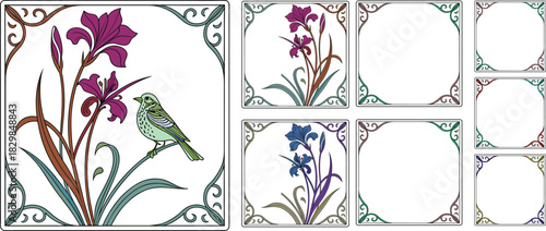 Flowers. Floral card. Vector classic vintage illustration of rich baroque frame, aesthetic elements, elegant pattern, irises, marigolds and bird for greeting card, wedding invitation or background