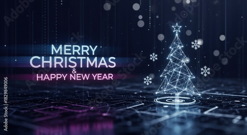 MERRY CHRISTMAS & HAPPY NEW YEAR digital greeting card with glowing polygonal tree and snowflakes on futuristic circuit background