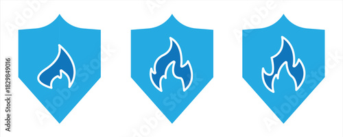 Shield icon set with fire symbol. Vector fire shield. Vector shield icon. Protection icon. Vector shield icon. 