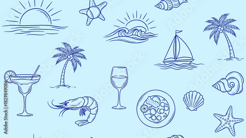 A detailed illustration of various summer and beach-themed elements in a pattern.