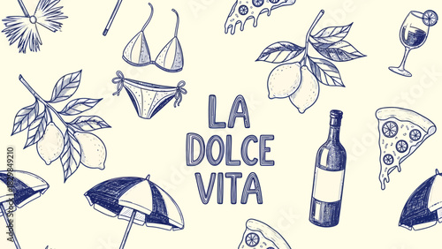 Illustration of summer vacation with lemons, pizza, wine, and beachwear.