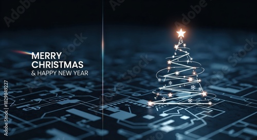 Digital Merry Christmas and Happy New Year Greeting with Glowing Circuit Board and Abstract Light Tree
