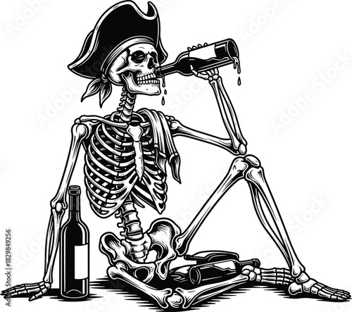 Vintage Style Vector Illustration of a Drunk Pirate Skeleton Sitting Down and Guzzling Rum Directly from a Bottle, Ideal for Alcohol Branding, Halloween 