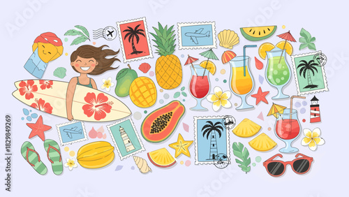 A vibrant illustration of summer vacation elements, including cocktails, fruits, and a surfer.