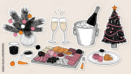 Festive holiday illustration featuring a charcuterie board, champagne, and Christmas decorations.