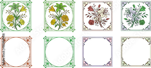 Flowers. Floral card. Vector classic vintage illustration of rich baroque frame, aesthetic elements, elegant pattern, irises, marigolds and bird for greeting card, wedding invitation or background