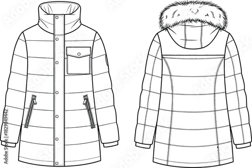 Winter coat technical fashion sketch, front and back view, quilted padded jacket, hooded outerwear, cad drawing flat vector illustration