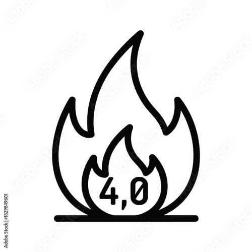 Outline flame icon with '4.0' for software version, rating, popularity, or trending status. minimalistic fire symbol.
