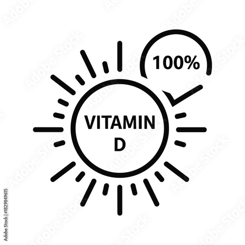 Vitamin d sun icon with 100% checkmark symbolizing complete daily dose and healthy lifestyle
