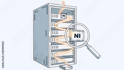 Illustration of a server rack with data flow and a magnifying glass inspecting a network interface card.