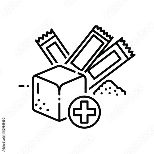Outline icon of sugar cube, sachets, and granular pile with a plus symbol for adding sugar.