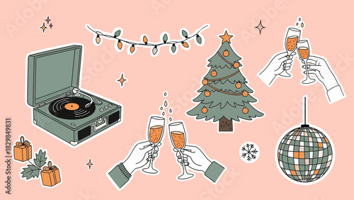 A collection of retro-style Christmas and New Year's Eve party celebration stickers on a pink background.