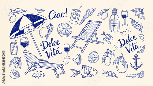 A collection of hand-drawn blue illustrations depicting an Italian summer and 'La Dolce Vita' theme with beach elements.