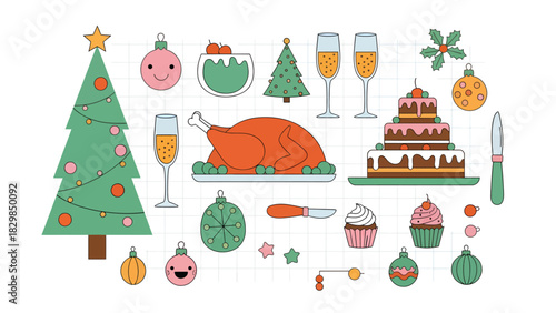 A festive collection of Christmas and New Year's holiday elements, including a decorated Christmas tree, roasted turkey, tiered cake, champagne glasses, ornaments, and cupcakes.