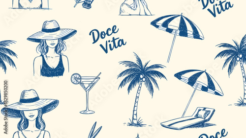 Seamless pattern with summer beach elements: palm trees, sun umbrellas, cocktails, and women in hats.