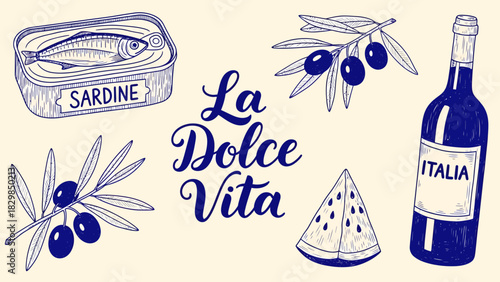 Hand-drawn illustration of Italian food and drink with 'La Dolce Vita' lettering.