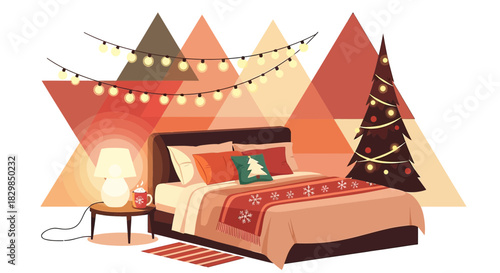 Festive bedroom scene with geometric backdrop celebrating cozy holiday atmosphere