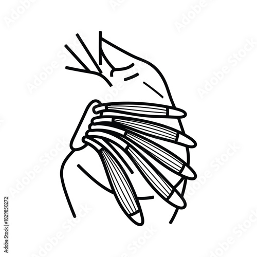 Minimalist line art illustration of multiple pens or pencils tucked into a shirt or lab coat pocket on a person's upper body