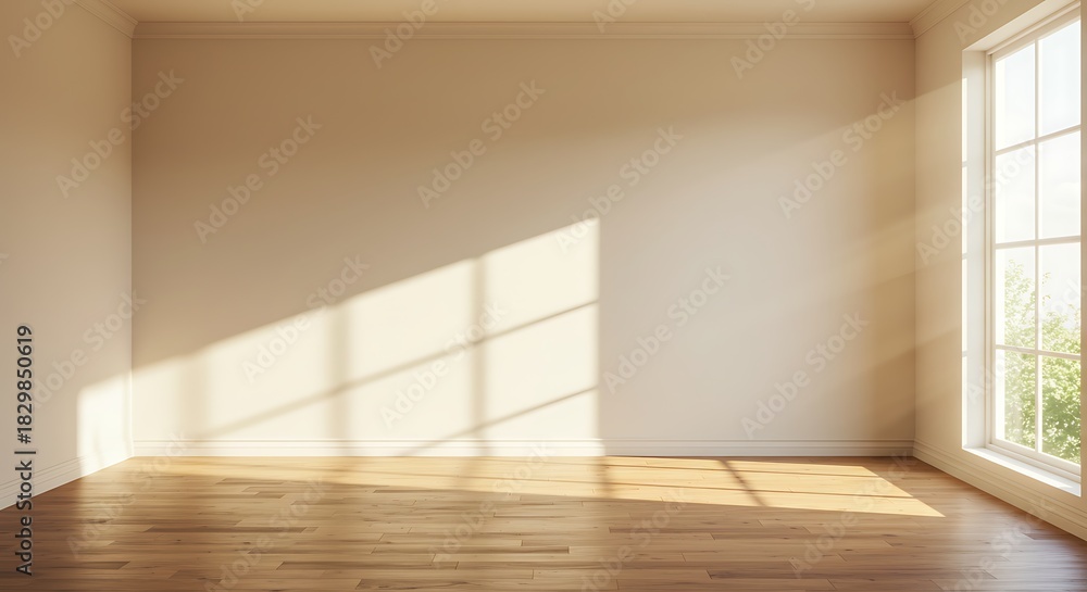 Fototapeta premium Interior view of an empty room, bathed in sunlight from a large window