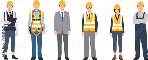 
Cartoon construction team, diverse roles, safety helmets, engineer characters, site workers, clipboard, blueprint, overalls, vest, suit, technician, laborer, manager, inspector, professional attire, 