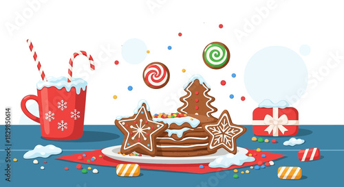 Festive Christmas composition with gingerbread cookies and candy, perfect for seasonal cheer and