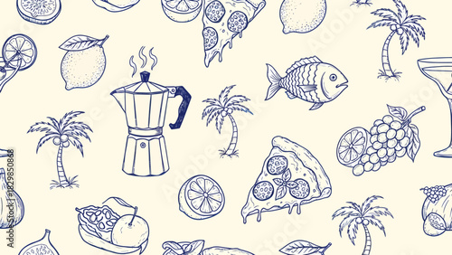 A hand-drawn seamless pattern featuring various summer foods, drinks, and tropical vacation icons.