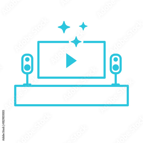 Home Cinema Icon with Couch and TV Screen, Movie Night,  Isolated on white background. Blue icon