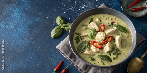 Overhead view of green curry with chicken and basil in a bowl on a blue background