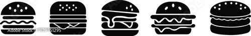 Burger fast food icon set collection group in black flat style featuring sandwich, hamburger, cheeseburger, snack, meal, cuisine, deli, and food related synonym elements for restaurant branding