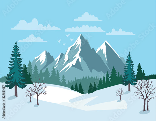 Winter landscape illustration with snowy mountains, pine trees