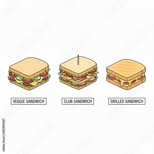 Sandwich set: veggie sandwich, club sandwich, grilled sandwich.