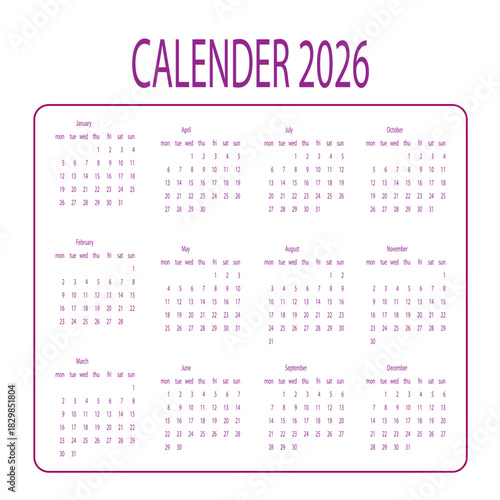 Calendar year 2026 complete simple design purple text white background