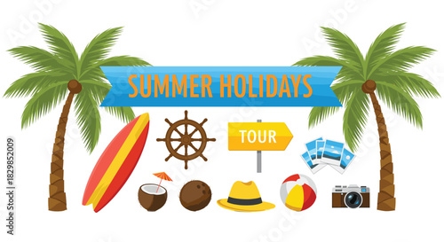 Summer Holidays and Tropical Travel Vector Icon Set with Palm Trees, Surfboard, Beach Ball, Camera, Steering Wheel, and Coconuts Illustration