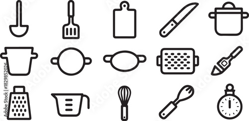 Kitchen Tools Outline Icon Set Cooking Utensils Black and White Minimalist Style Design Elements for Culinary Projects