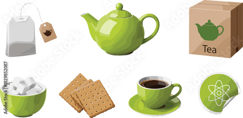 Tea Time Vector Set Featuring Ceramic Teapot, Teabag, Hot Cup of Tea, Sugar Cubes, and Crackers for Relaxing Afternoon Break Illustration