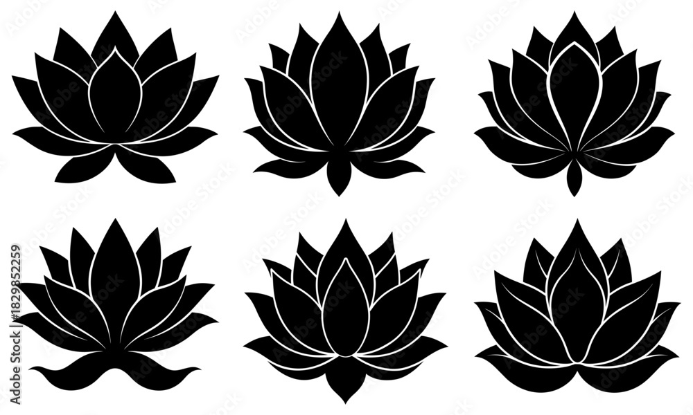 Obraz premium Elegant black lotus flower set design element for spiritual projects, yoga studios, or natural product branding. Serene botanical illustration.