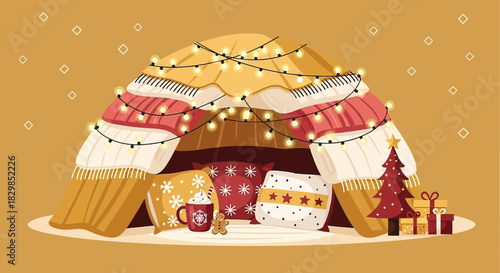 Festive holiday hideaway: A cozy blanket fort filled with festive cheer and inviting warmth